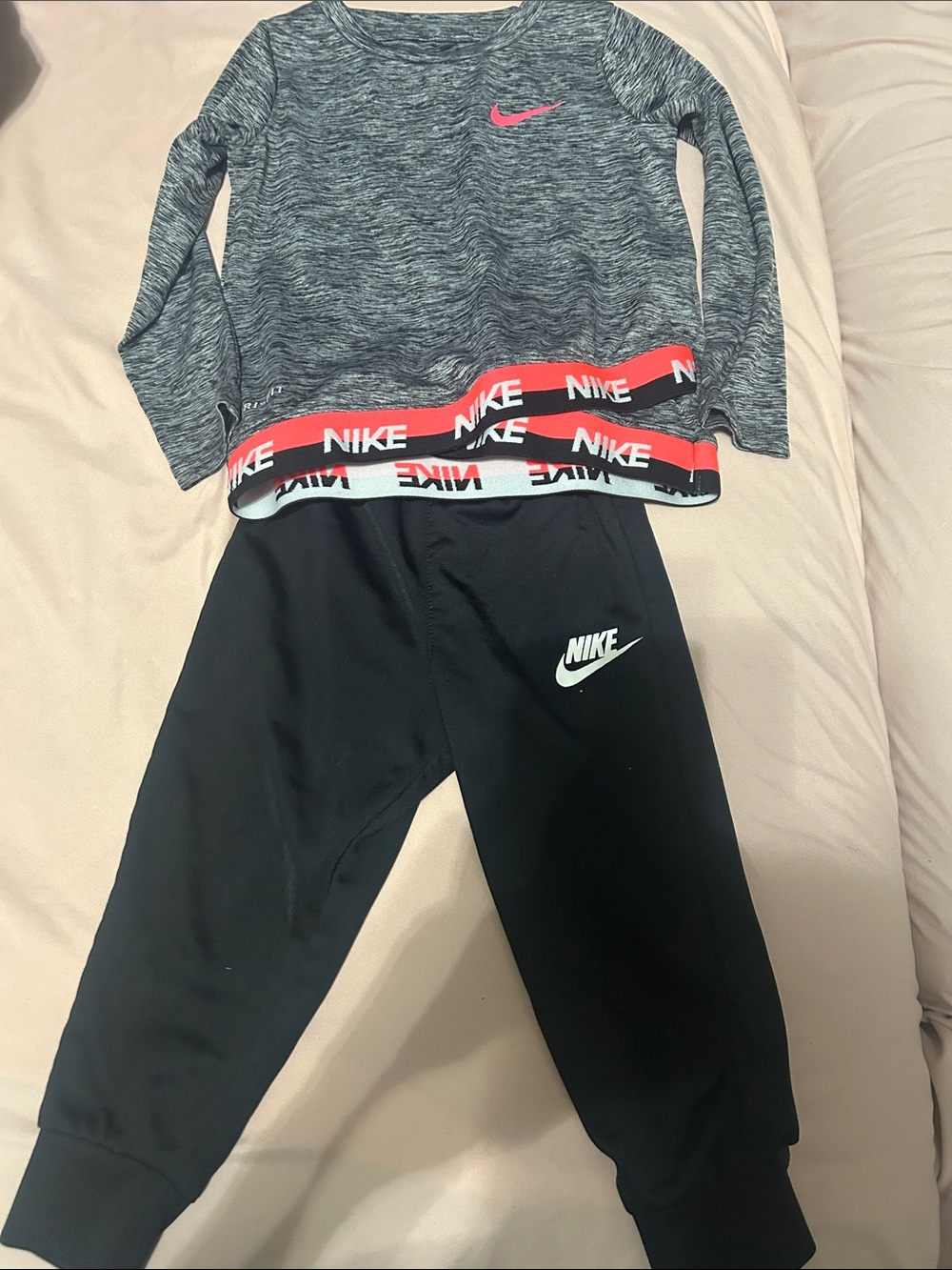 Nike Grey Marled Top with Pink Swoosh & Black Joggers Matching Set